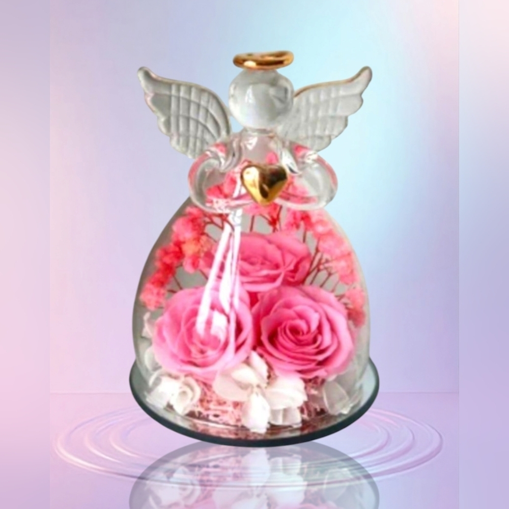 Glass Angel Statue with Three Pink Eternal Roses